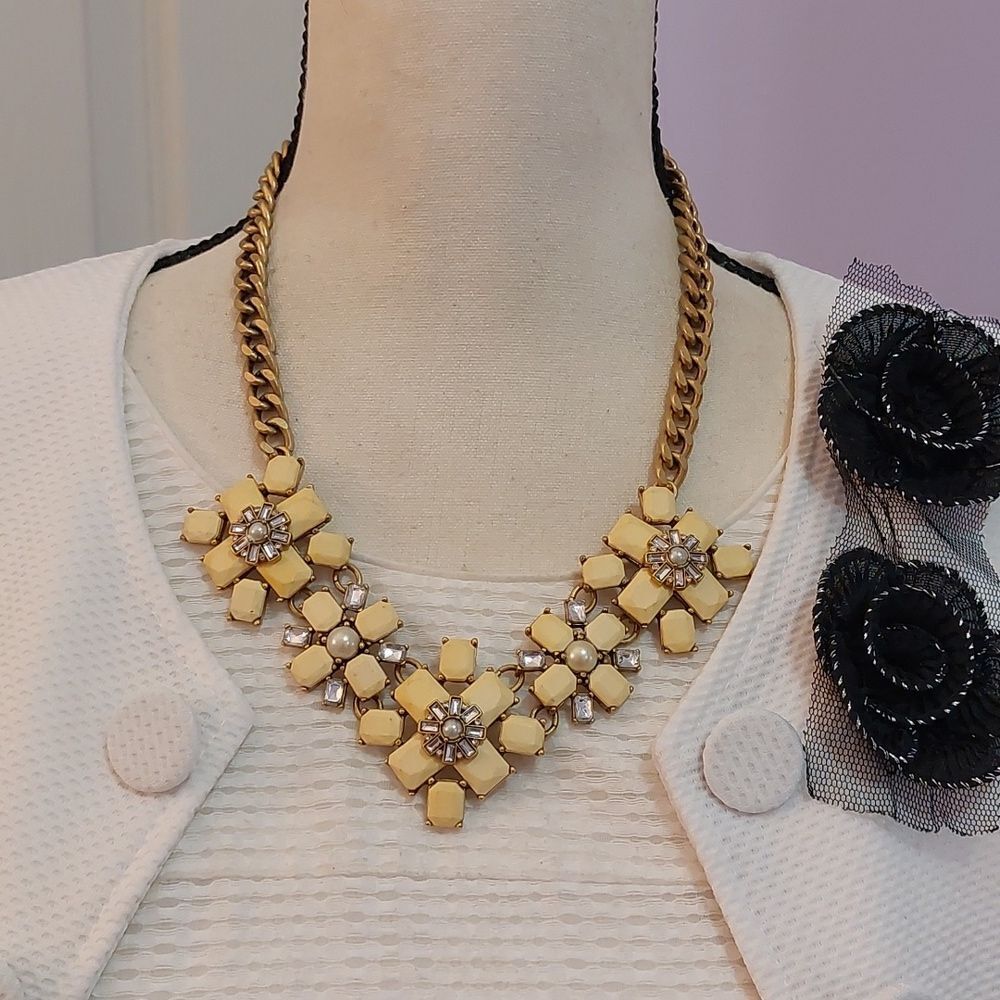 J.Crew Resin and Rhinestones Flower Motif Linked Chain Necklace Statement
